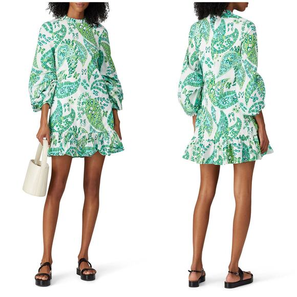 NEW Staud Longsleeve Carolina Dress Light Green Butterfly Paisley - Picture 1 of 16